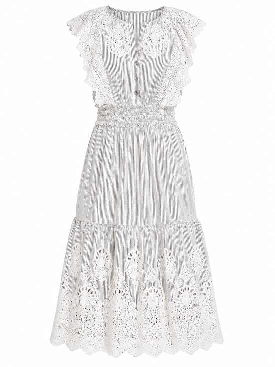 SAYLOR Dresses & Skirts - SAYLOR Maliyah White Dress with Gray Pinstripes and Lace Eyelet
